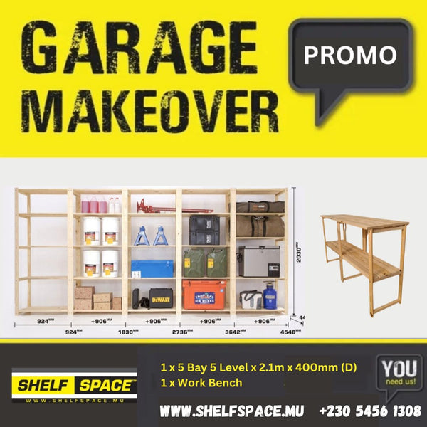Garage Bundle DIY 5 Bay 5 Level With Work Bench - Shelf Space Mauritius