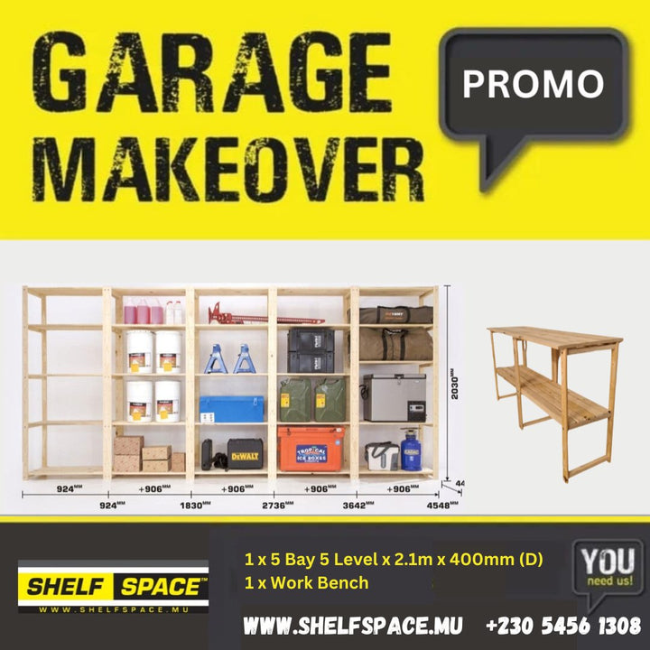 Garage Bundle DIY 5 Bay 5 Level With Work Bench - Shelf Space Mauritius